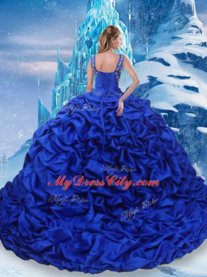 Amazing Blue And White Sleeveless Taffeta Brush Train Lace Up Quinceanera Dresses for Military Ball and Sweet 16 and Quinceanera