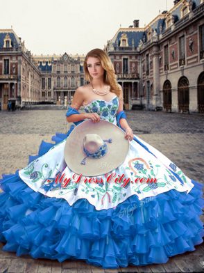 Blue And White Sleeveless Embroidery and Ruffled Layers Floor Length Quinceanera Dresses