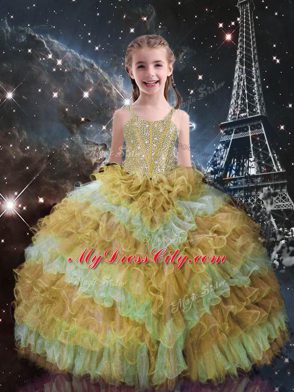 On Sale Champagne Sleeveless Floor Length Beading and Ruffled Layers Lace Up Pageant Gowns For Girls