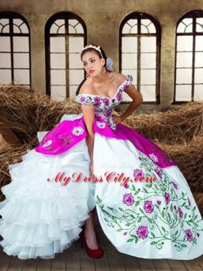 Multi-color Lace Up Quince Ball Gowns Embroidery and Ruffled Layers Sleeveless Floor Length