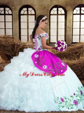 Multi-color Lace Up Quince Ball Gowns Embroidery and Ruffled Layers Sleeveless Floor Length