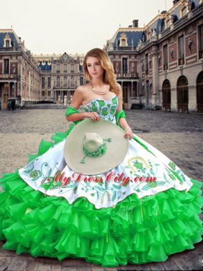 Fantastic Green Ball Gowns Organza and Taffeta Sweetheart Sleeveless Embroidery and Ruffled Layers Floor Length Lace Up Quinceanera Dresses