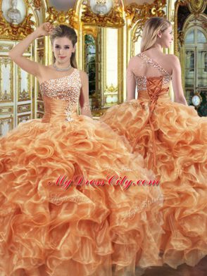 Cheap Orange Lace Up 15th Birthday Dress Beading and Ruffles Sleeveless Floor Length