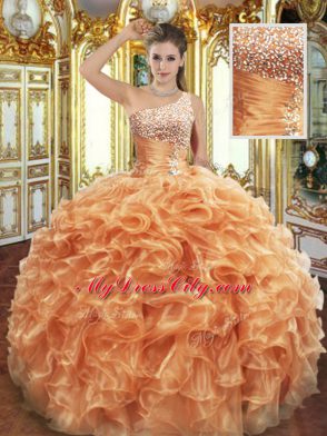 Cheap Orange Lace Up 15th Birthday Dress Beading and Ruffles Sleeveless Floor Length