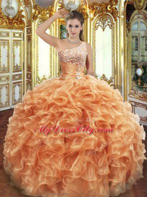 Cheap Orange Lace Up 15th Birthday Dress Beading and Ruffles Sleeveless Floor Length