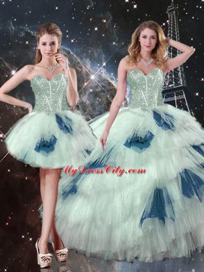 Modest Tulle Sweetheart Sleeveless Lace Up Ruffled Layers Sweet 16 Dress in Blue And White
