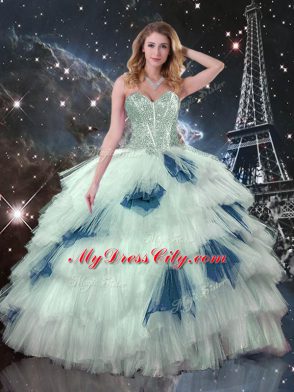 Modest Tulle Sweetheart Sleeveless Lace Up Ruffled Layers Sweet 16 Dress in Blue And White