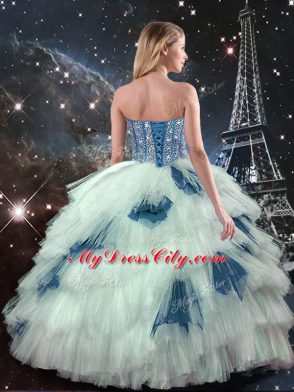 Modest Tulle Sweetheart Sleeveless Lace Up Ruffled Layers Sweet 16 Dress in Blue And White
