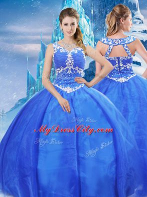 Edgy Organza V-neck Sleeveless Zipper Beading 15 Quinceanera Dress in Blue