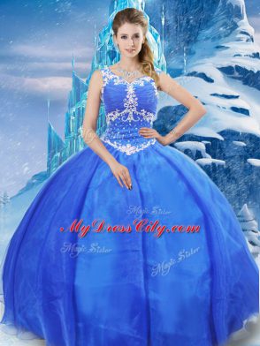 Edgy Organza V-neck Sleeveless Zipper Beading 15 Quinceanera Dress in Blue