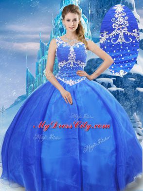 Edgy Organza V-neck Sleeveless Zipper Beading 15 Quinceanera Dress in Blue