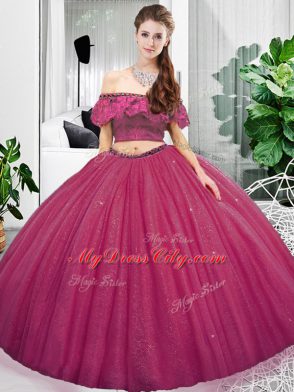 Off The Shoulder Sleeveless Lace Up Sweet 16 Dress Fuchsia Organza