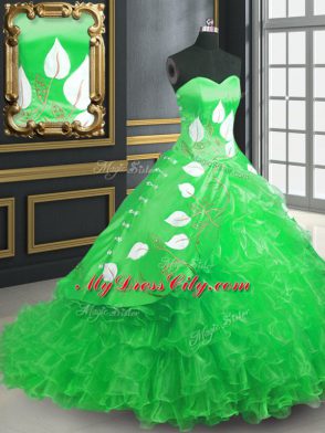 Graceful Embroidery and Ruffles Quinceanera Gown Green Lace Up Sleeveless Brush Train