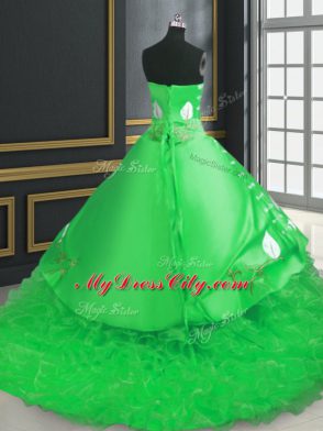 Graceful Embroidery and Ruffles Quinceanera Gown Green Lace Up Sleeveless Brush Train