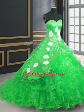 Graceful Embroidery and Ruffles Quinceanera Gown Green Lace Up Sleeveless Brush Train