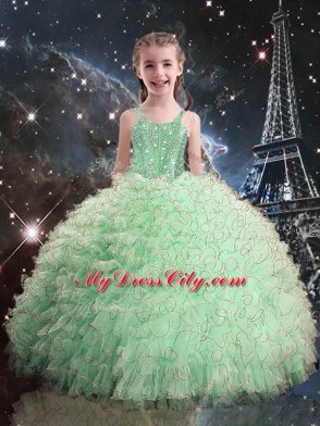 Graceful Floor Length Apple Green Pageant Dress for Teens Straps Sleeveless Lace Up