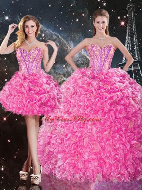 Sexy Rose Pink Sleeveless Floor Length Beading and Ruffles Lace Up 15th Birthday Dress