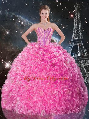 Sexy Rose Pink Sleeveless Floor Length Beading and Ruffles Lace Up 15th Birthday Dress