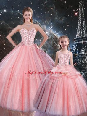 Flirting Pink Tulle Lace Up Sweetheart Sleeveless Floor Length Quinceanera Gowns Beading