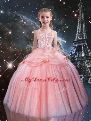 Flirting Pink Tulle Lace Up Sweetheart Sleeveless Floor Length Quinceanera Gowns Beading