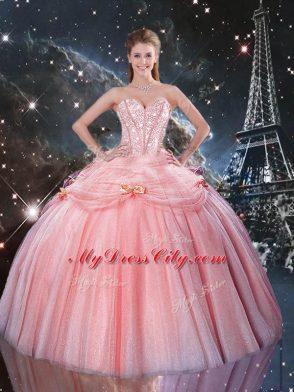 Flirting Pink Tulle Lace Up Sweetheart Sleeveless Floor Length Quinceanera Gowns Beading