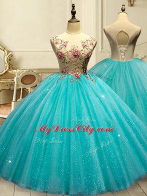 Super Aqua Blue Sleeveless Appliques and Sequins Floor Length Ball Gown Prom Dress
