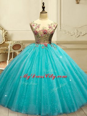 Super Aqua Blue Sleeveless Appliques and Sequins Floor Length Ball Gown Prom Dress