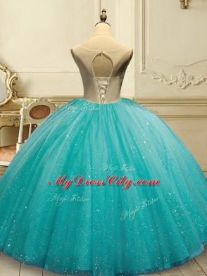 Super Aqua Blue Sleeveless Appliques and Sequins Floor Length Ball Gown Prom Dress