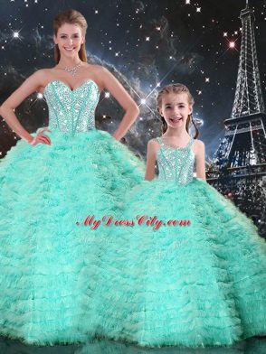Fashion Apple Green Lace Up Ball Gown Prom Dress Beading and Ruffles Sleeveless Floor Length