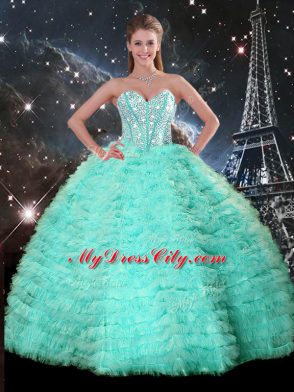 Fashion Apple Green Lace Up Ball Gown Prom Dress Beading and Ruffles Sleeveless Floor Length
