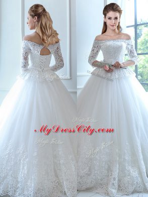 New Style Sleeveless Floor Length Lace and Appliques Lace Up Wedding Gowns with White