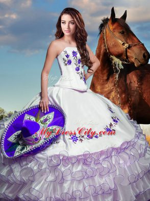 Sleeveless Floor Length Embroidery and Ruffled Layers Lace Up Quinceanera Gown with White