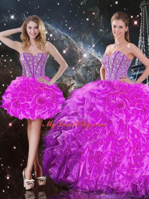 Best Selling Sleeveless Floor Length Beading and Ruffles Lace Up Vestidos de Quinceanera with Fuchsia