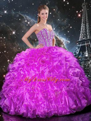 Best Selling Sleeveless Floor Length Beading and Ruffles Lace Up Vestidos de Quinceanera with Fuchsia