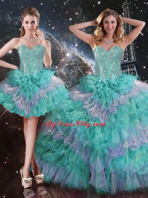 Multi-color Quinceanera Gown Military Ball and Sweet 16 and Quinceanera with Beading and Ruffled Layers Sweetheart Sleeveless Lace Up