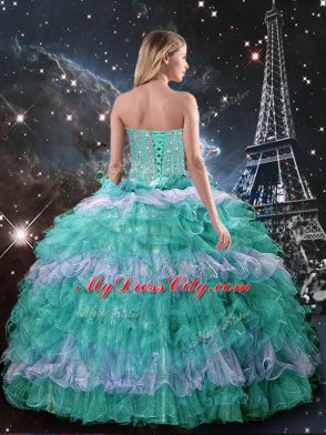 Multi-color Quinceanera Gown Military Ball and Sweet 16 and Quinceanera with Beading and Ruffled Layers Sweetheart Sleeveless Lace Up