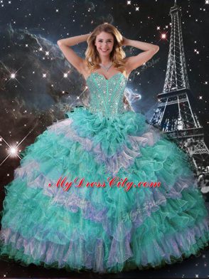 Multi-color Quinceanera Gown Military Ball and Sweet 16 and Quinceanera with Beading and Ruffled Layers Sweetheart Sleeveless Lace Up