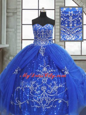 Fitting Sweetheart Sleeveless Lace Up Quinceanera Gown Blue Tulle
