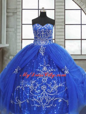 Fitting Sweetheart Sleeveless Lace Up Quinceanera Gown Blue Tulle
