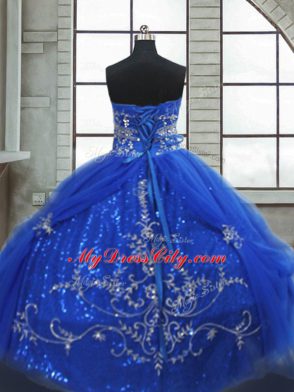 Fitting Sweetheart Sleeveless Lace Up Quinceanera Gown Blue Tulle