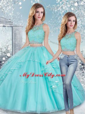 Pretty Aqua Blue Two Pieces Scoop Sleeveless Tulle Floor Length Clasp Handle Beading and Lace and Sashes ribbons 15th Birthday Dress