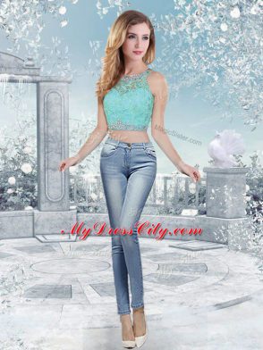 Pretty Aqua Blue Two Pieces Scoop Sleeveless Tulle Floor Length Clasp Handle Beading and Lace and Sashes ribbons 15th Birthday Dress