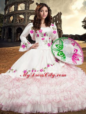 Exceptional Long Sleeves Floor Length Embroidery and Ruffled Layers Lace Up Quinceanera Dresses with White