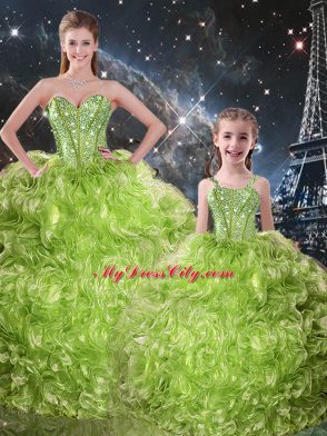 Unique Sleeveless Organza Floor Length Lace Up Quinceanera Gowns in Olive Green with Beading and Ruffles