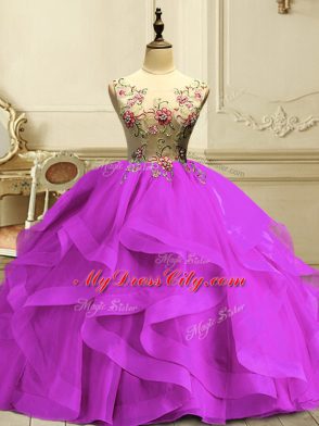 Fine Fuchsia Organza Lace Up Scoop Sleeveless Floor Length Quinceanera Gown Appliques and Ruffles