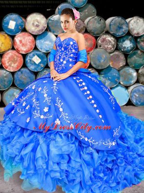 Royal Blue Sweet 16 Dresses Off The Shoulder Sleeveless Brush Train Lace Up