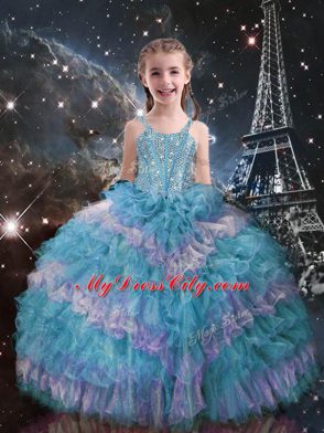 Dramatic Teal Organza Lace Up Straps Sleeveless Floor Length Womens Party Dresses Beading and Ruffled Layers