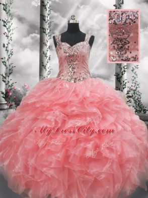Sleeveless Floor Length Beading and Ruffles Zipper Sweet 16 Dress with Watermelon Red
