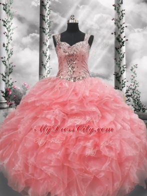 Sleeveless Floor Length Beading and Ruffles Zipper Sweet 16 Dress with Watermelon Red