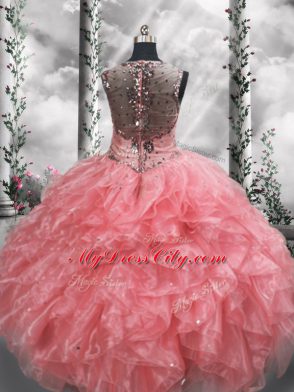 Sleeveless Floor Length Beading and Ruffles Zipper Sweet 16 Dress with Watermelon Red